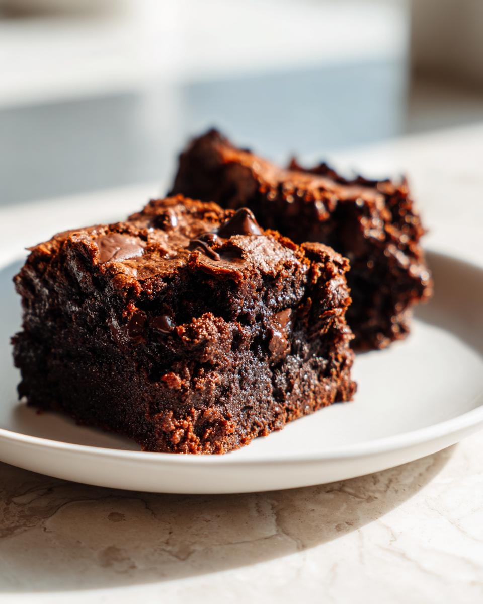 Two fudgy chocolate date brownies topped with melted chocolate chips sitting on a white plate.