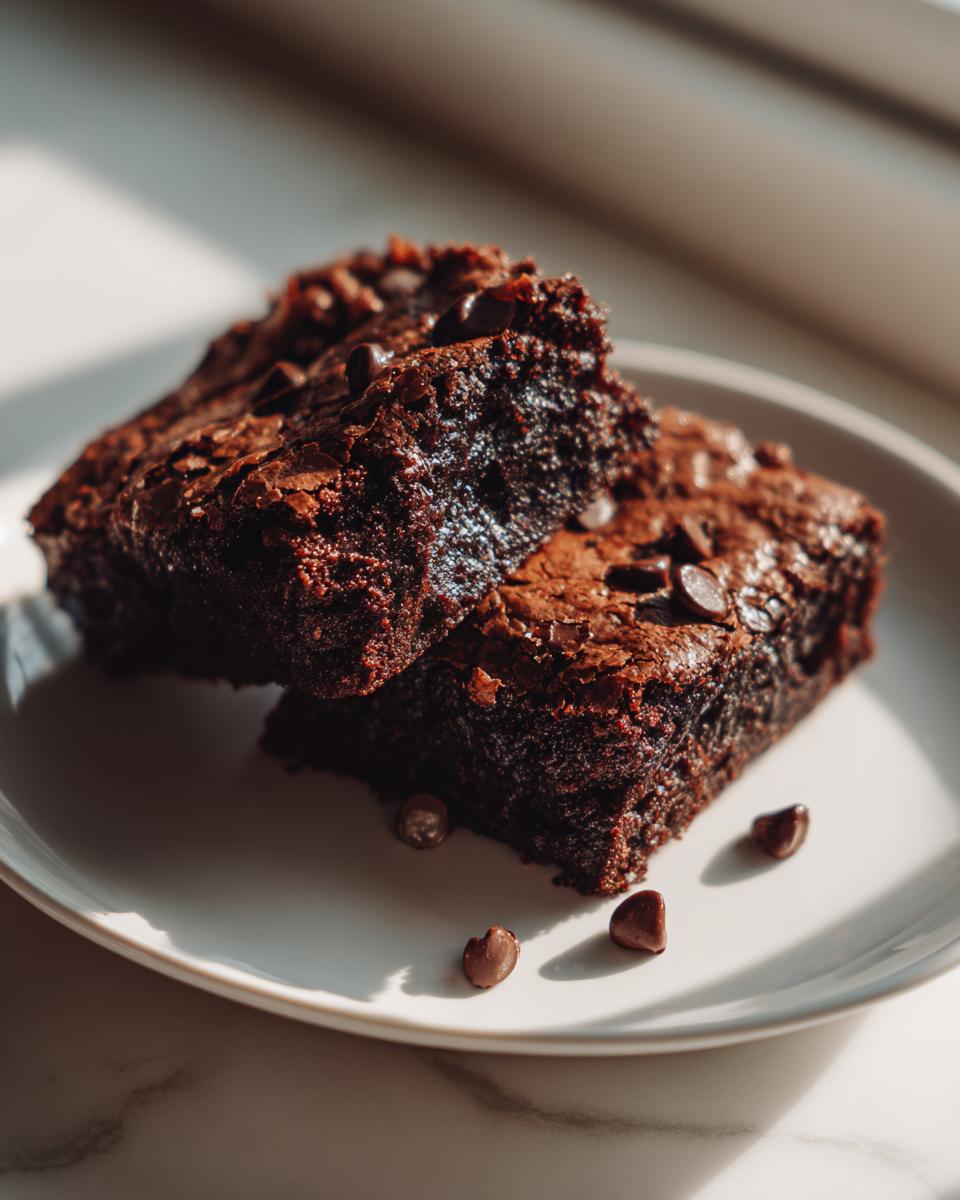 Two rich, fudgy chocolate date brownies stacked on a white plate, sprinkled with chocolate chips.
