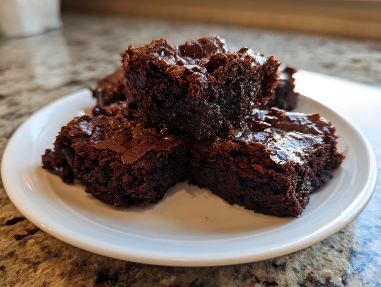 Close-up of several rich, fudgy chocolate date brownies stacked on a small white plate.