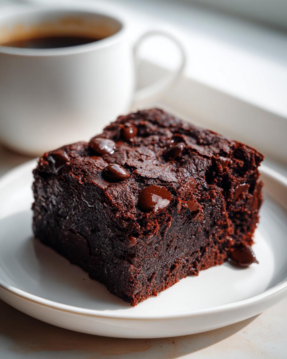 A dense, fudgy square of chocolate date brownies topped with melted chocolate chips, served on a white plate next to a mug of coffee.