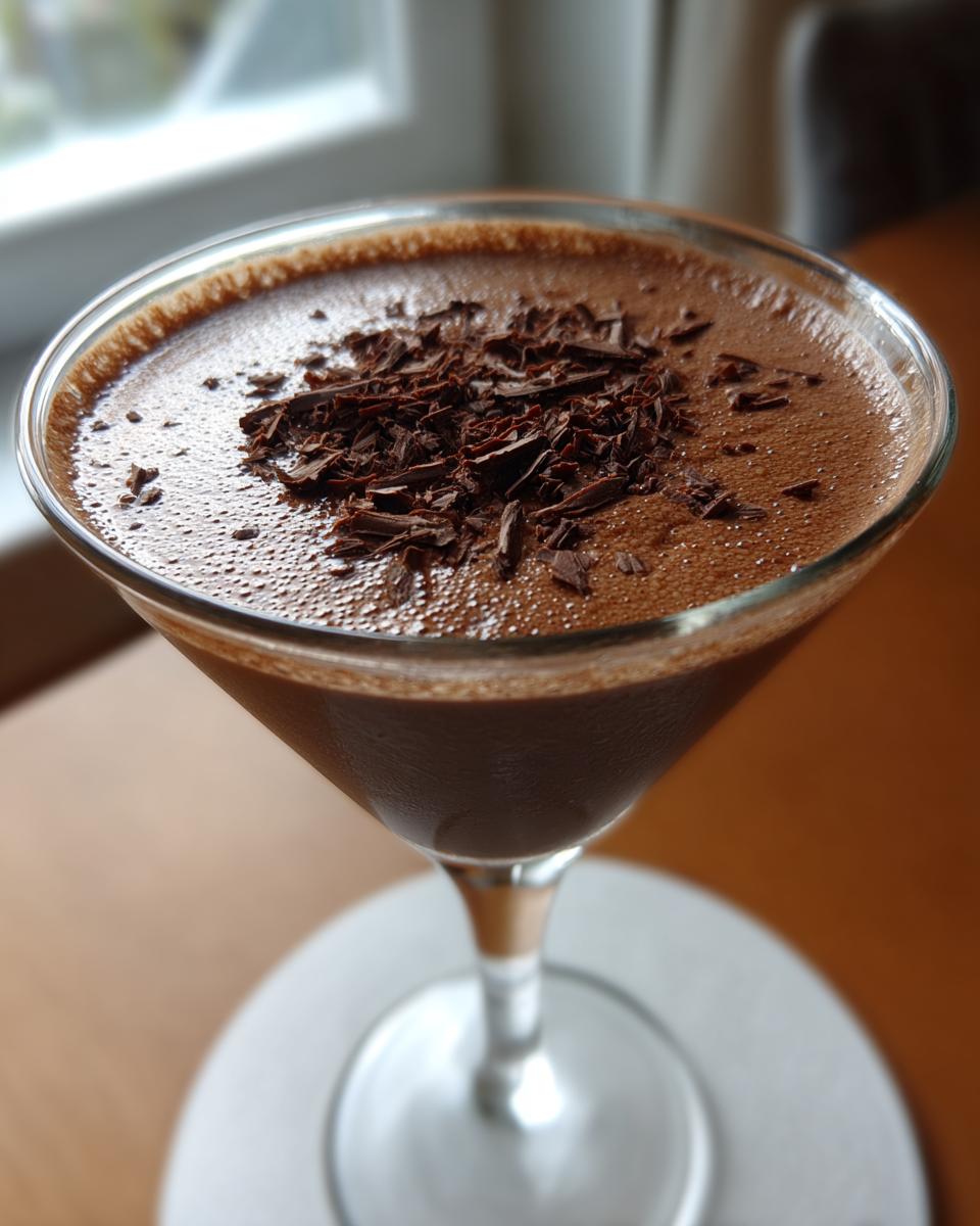 Close-up of a rich chocolate martini cocktail topped with dark chocolate shavings in a coupe glass.