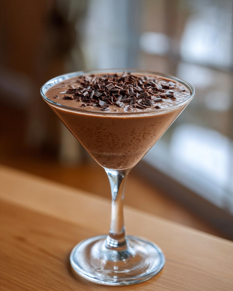 A creamy chocolate martini cocktail served in a coupe glass, garnished with dark chocolate shavings.