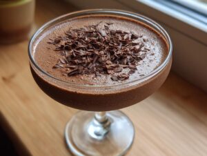 Close-up of a creamy chocolate martini cocktail in a coupe glass, garnished with dark chocolate shavings.