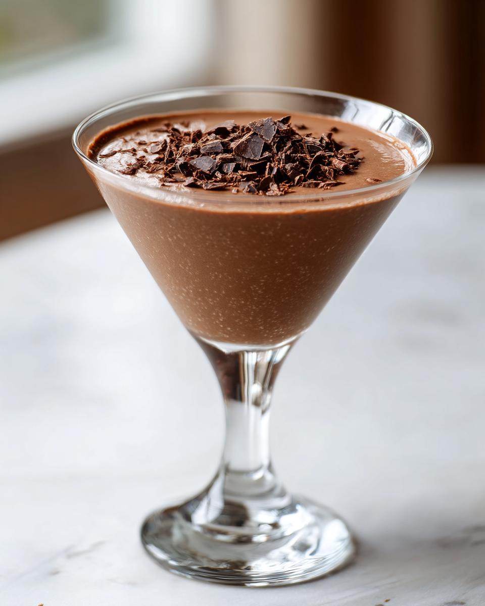 A creamy, brown chocolate martini cocktail served in a stemmed glass, topped with dark chocolate shavings.