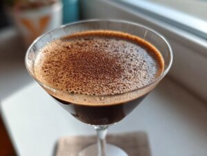 Close-up of a rich, dark chocolate martini in a coupe glass, topped with fine cocoa powder foam.