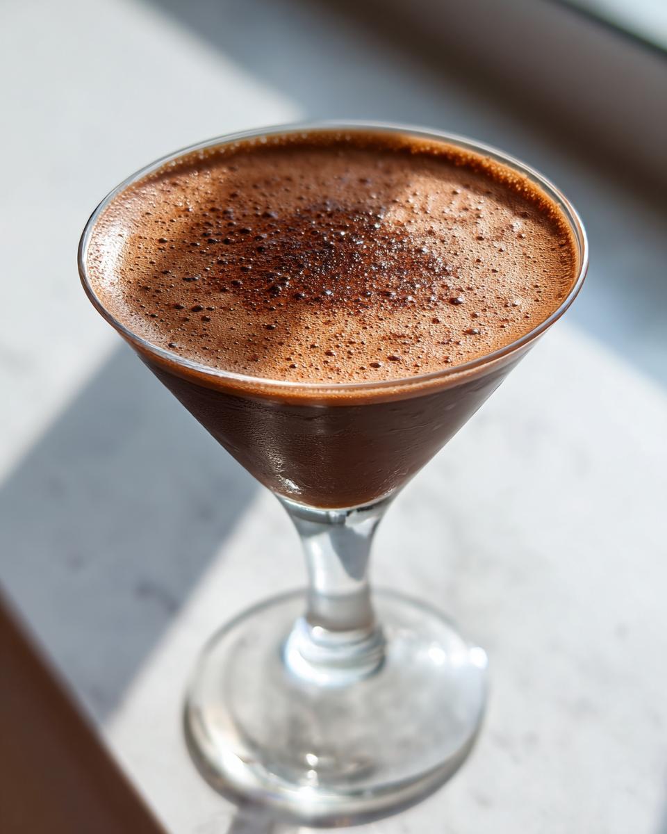 Close-up of a rich, dark chocolate martini with a foamy top dusted with cocoa powder.