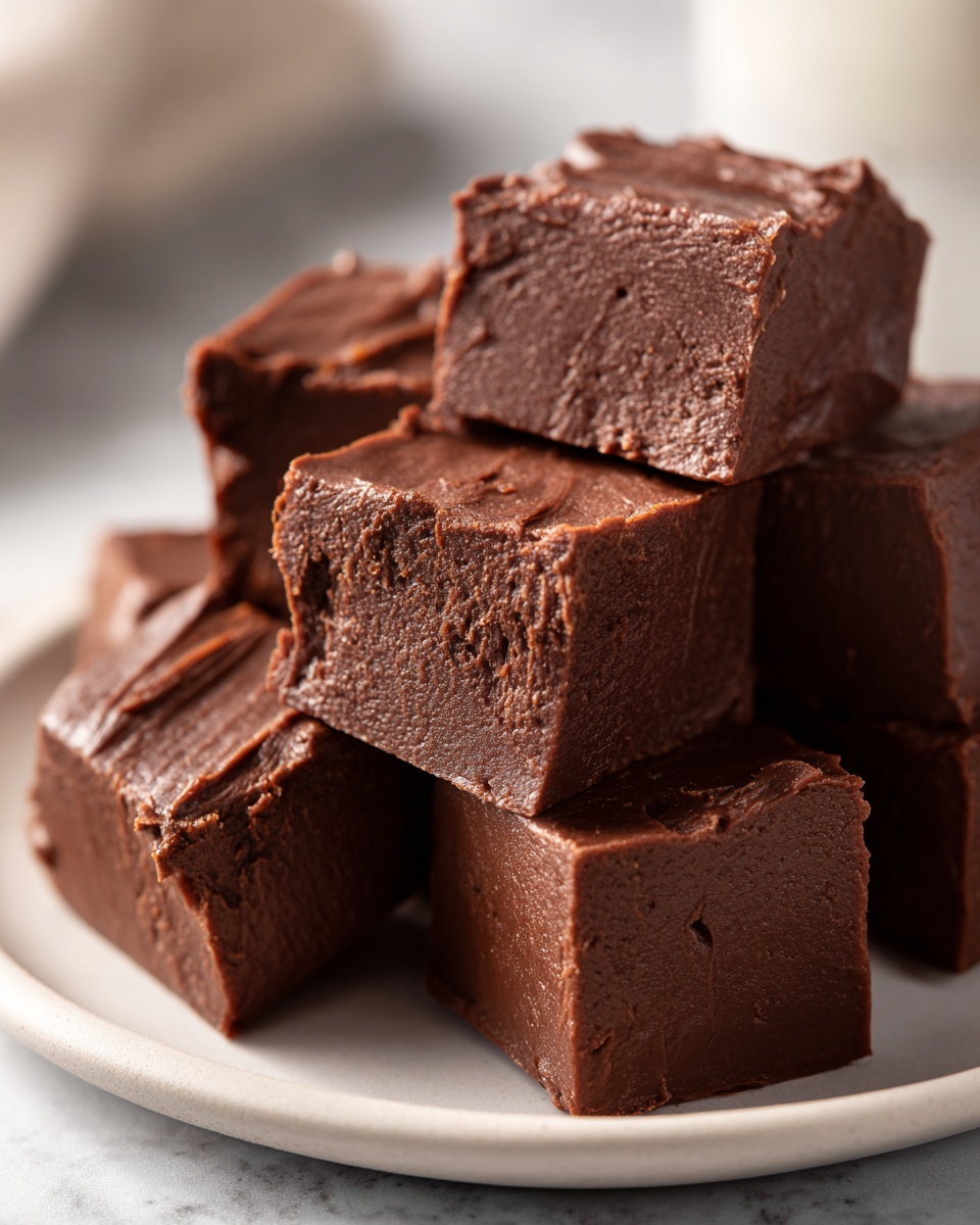 A stack of rich, dark chocolate peanut butter fudge recipe squares piled on a light gray plate.