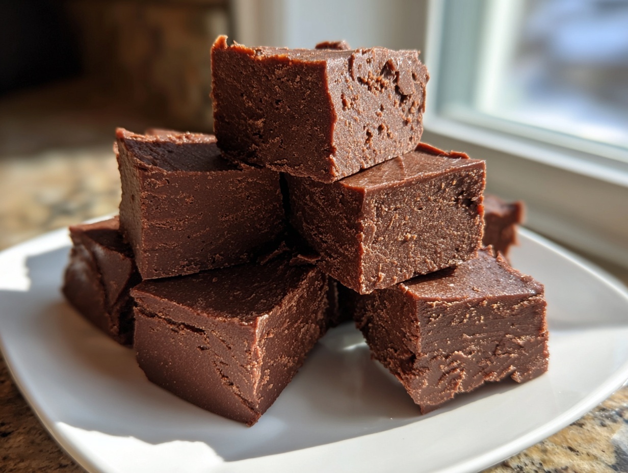 A stack of rich, dark chocolate peanut butter fudge recipe squares piled high on a white plate.