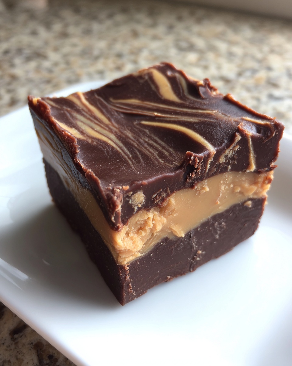 A thick, layered square of chocolate peanut butter fudge with a peanut butter center and swirled chocolate top.