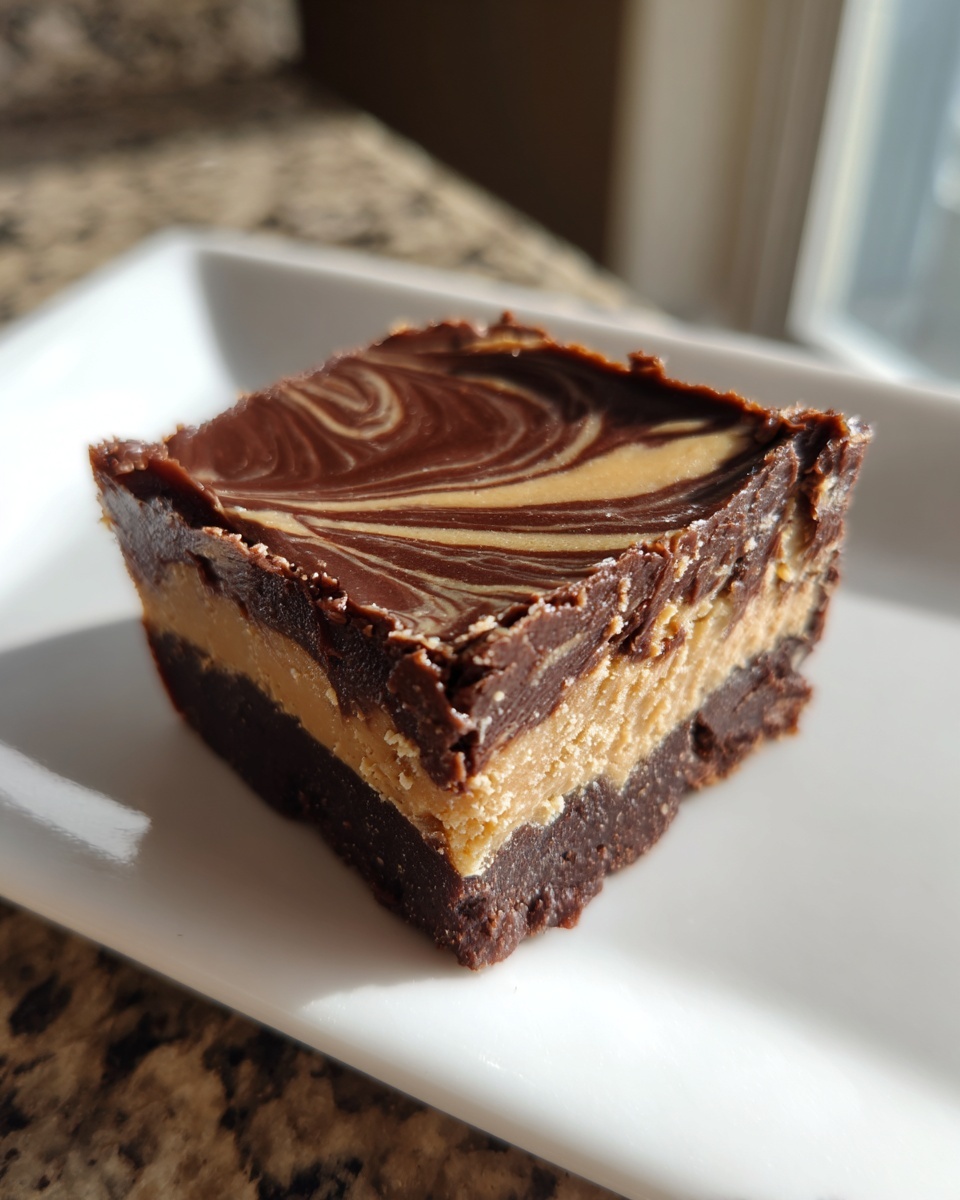 A thick square of layered chocolate peanut butter fudge with a swirled top.