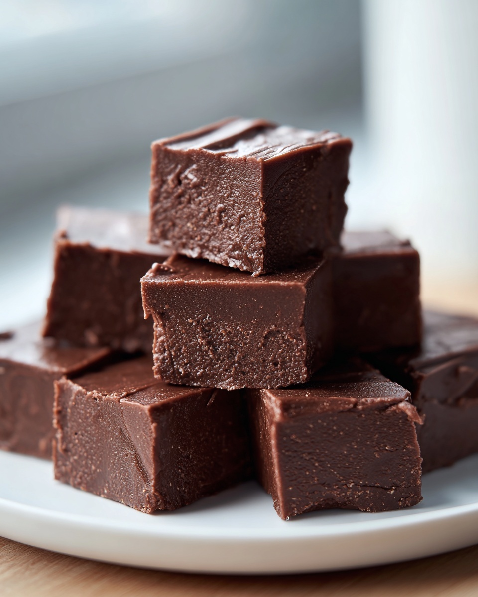 A stack of rich, dark chocolate peanut butter fudge recipe squares on a white plate.