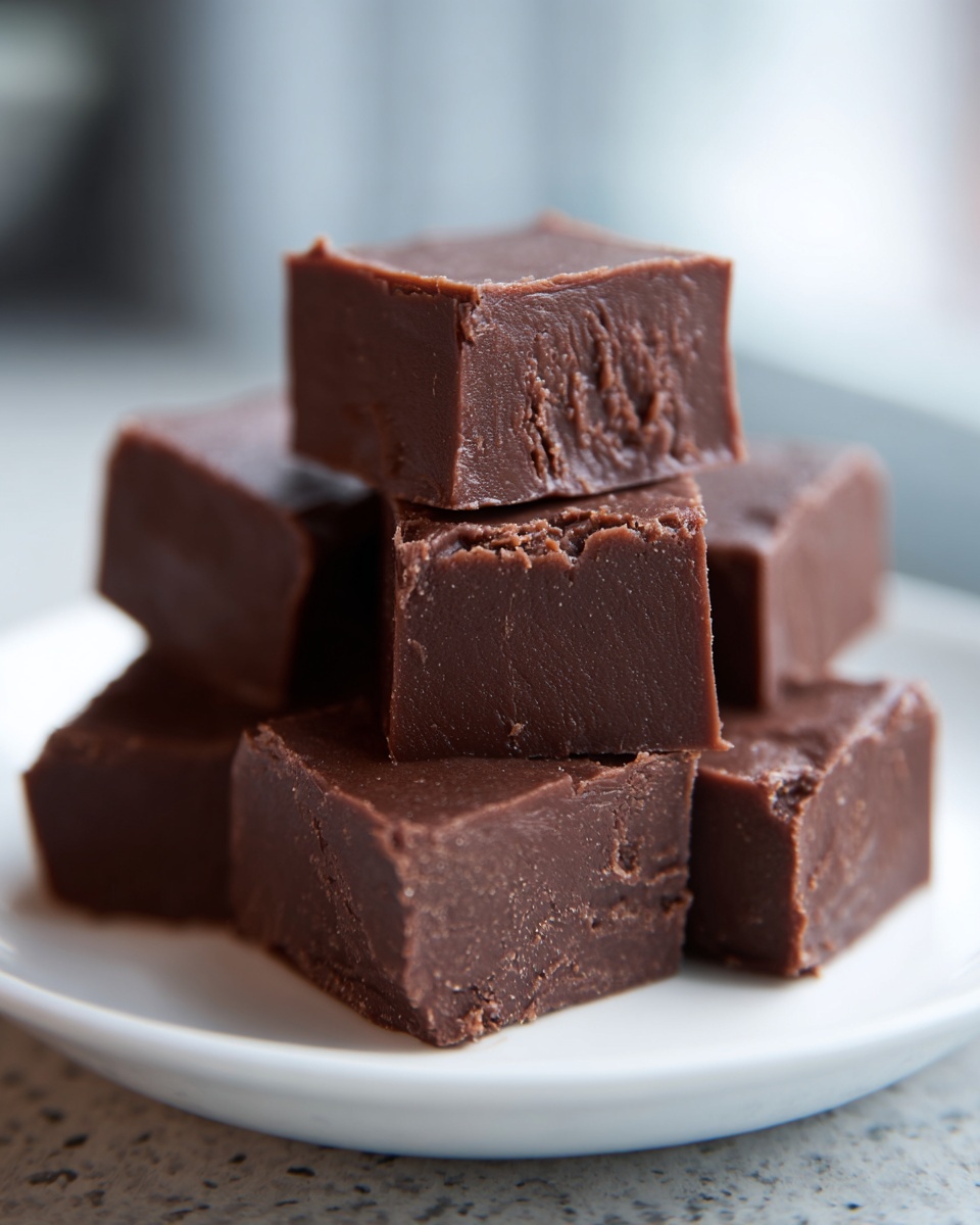 A stack of rich, dark chocolate peanut butter fudge recipe squares piled on a small white plate.