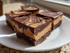 Four squares of layered chocolate peanut butter fudge with a marbled top, sitting on a white plate.