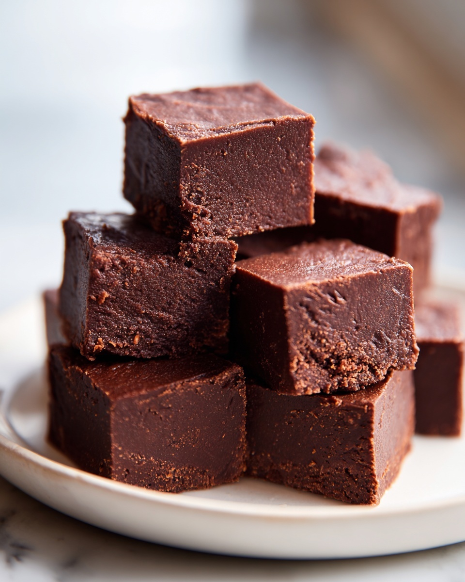 A stack of rich, dark chocolate peanut butter fudge recipe squares piled on a white plate.