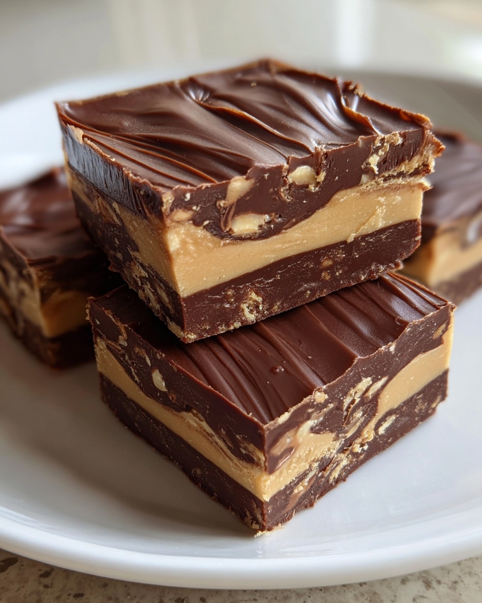 Close-up of stacked chocolate peanut butter fudge squares showing distinct peanut butter and chocolate layers.