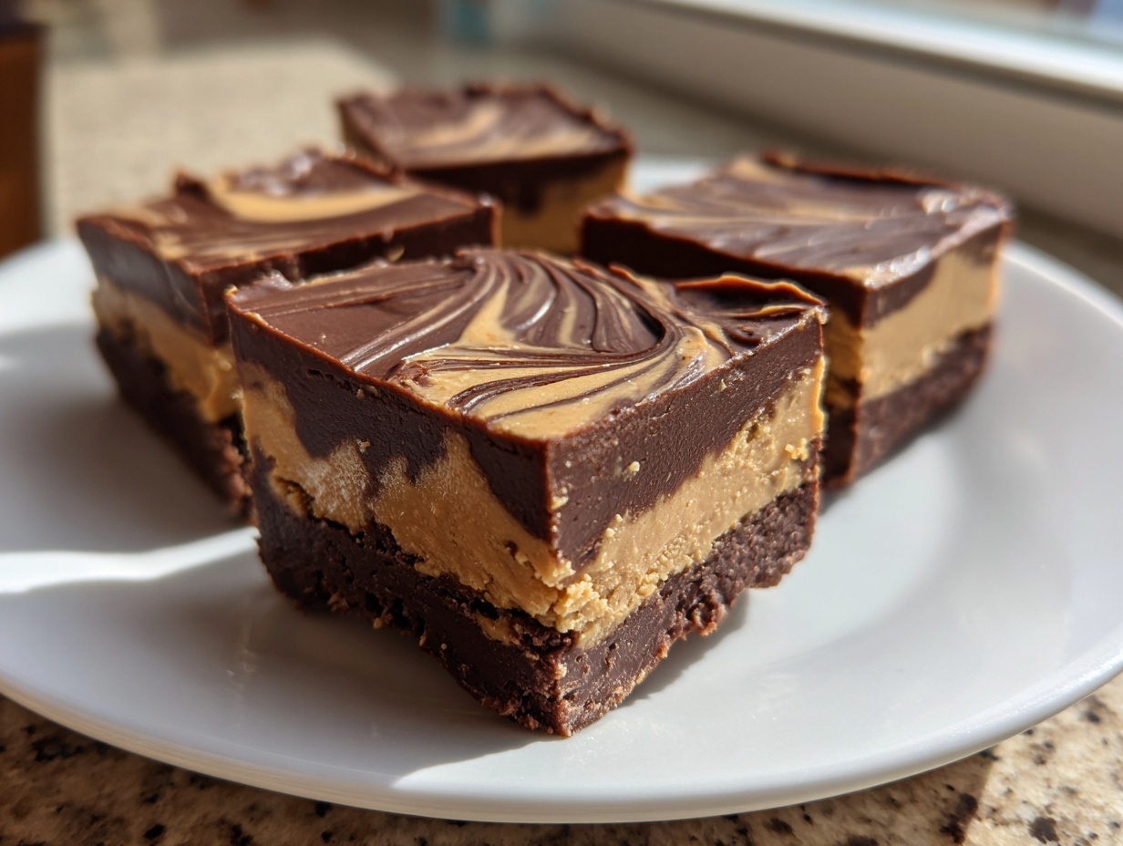 Four squares of layered chocolate peanut butter fudge with a marbled top, sitting on a white plate.