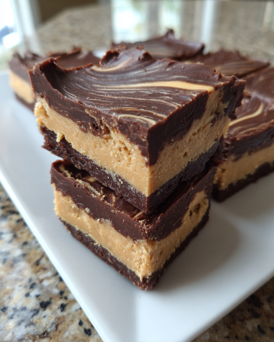 Two stacked squares of rich chocolate peanut butter fudge with a marbled top layer.