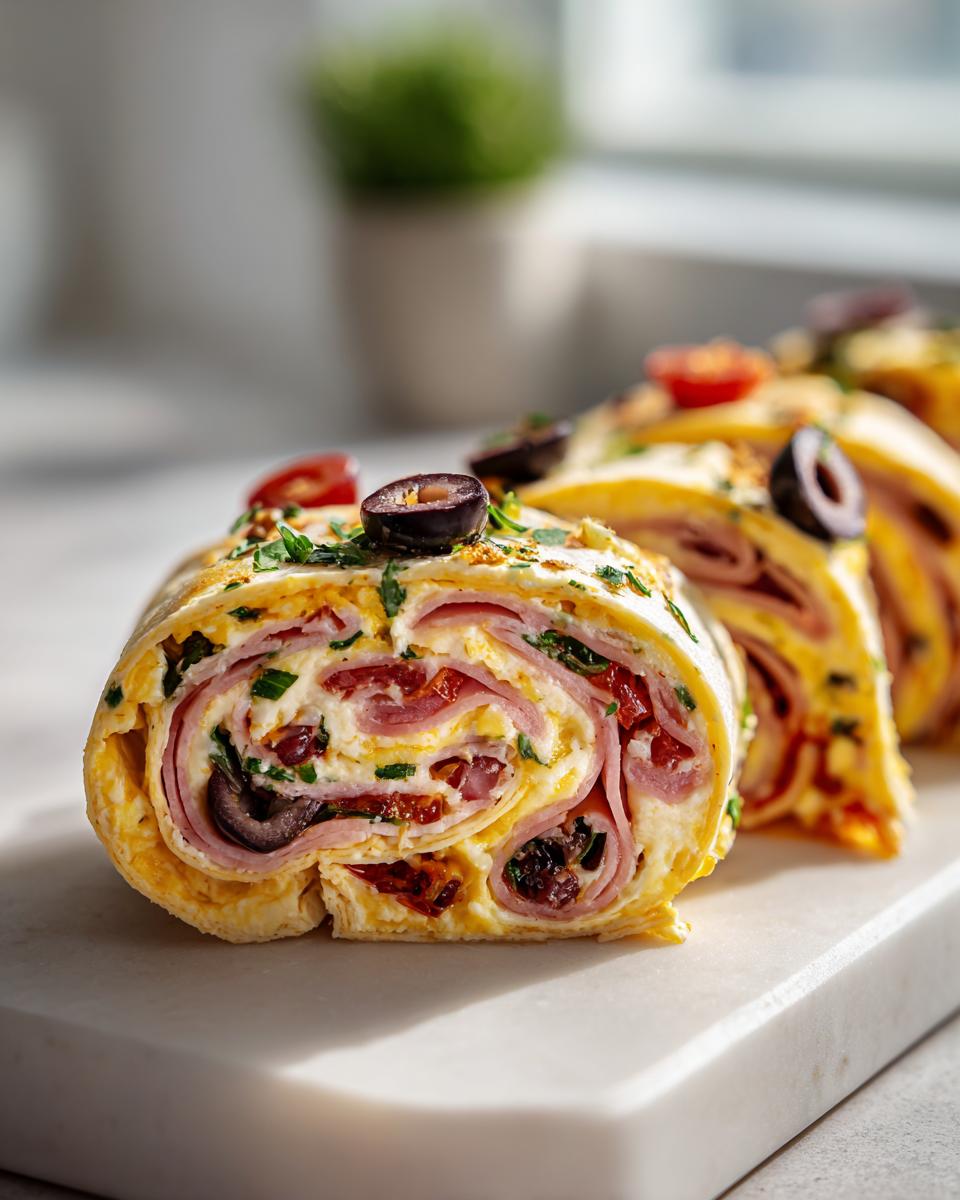 Close-up of sliced chopped Italian pinwheels featuring layers of ham, cheese, and olives on a white marble board.