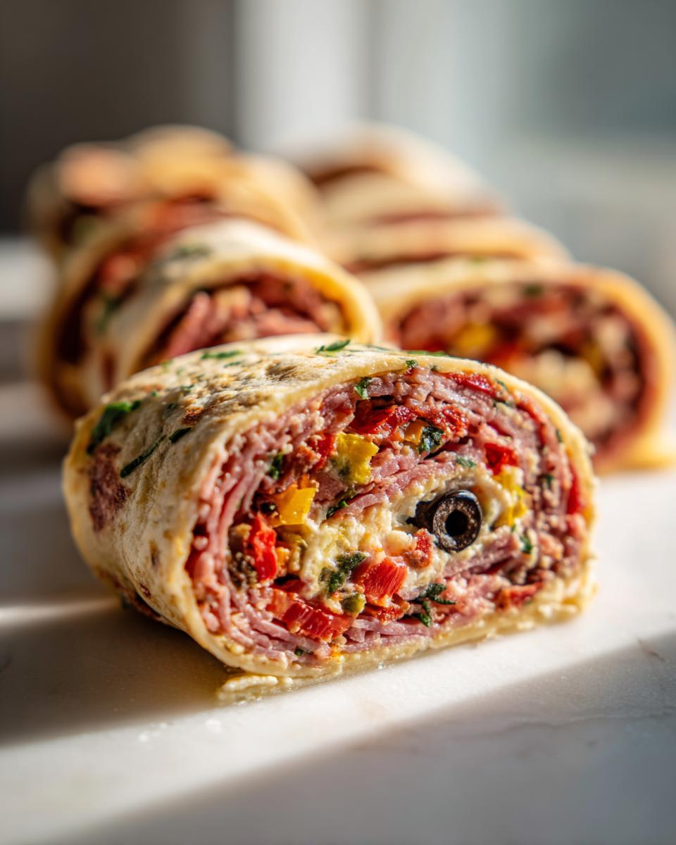 A close-up of a freshly sliced chopped Italian pinwheels showing layers of deli meat, cheese, peppers, and an olive.