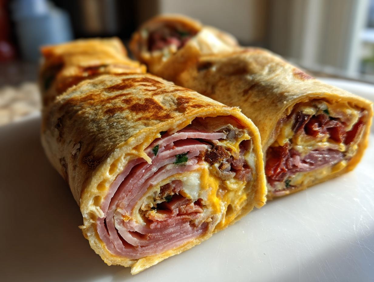 Close-up of sliced chopped Italian pinwheels showing layers of ham, cheese, and filling inside a wrap.