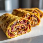 A close-up view of sliced, rolled egg wraps filled with deli meat, cheese, and sun-dried tomatoes, showcasing the layers of the chopped Italian pinwheels.