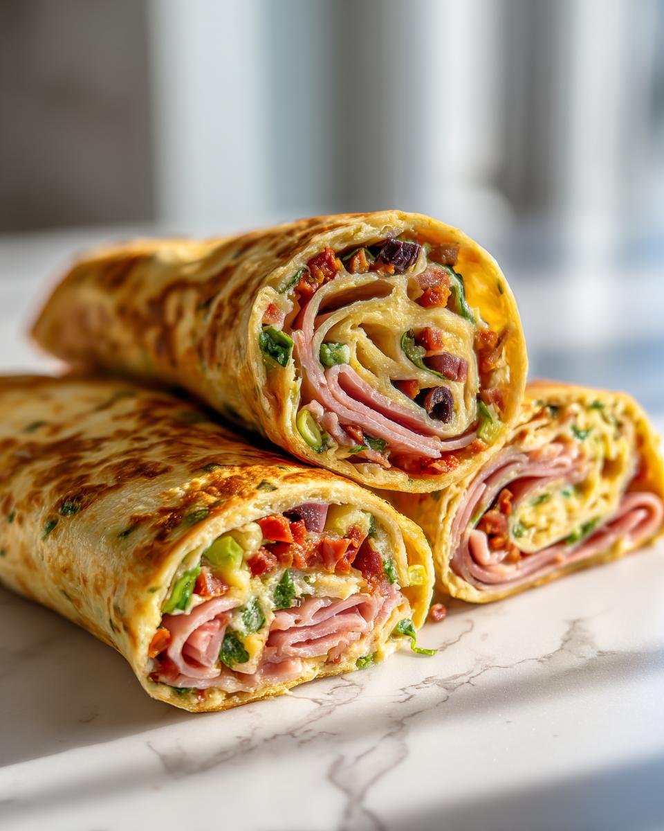 Three cross-sections of chopped Italian pinwheels showing layers of ham, cheese, sun-dried tomatoes, and olives rolled in a thin wrap.