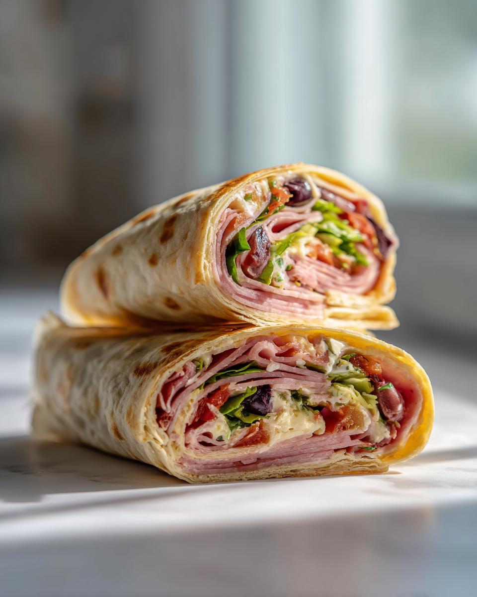 Two halves of a delicious chopped Italian pinwheels wrap stacked, showing layers of ham, cheese, lettuce, and olives.