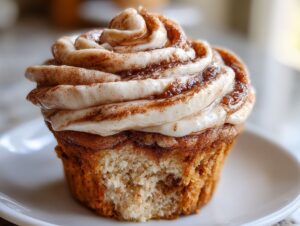 Close-up of a single churro cupcake with thick, swirled cinnamon frosting, showing the moist cake texture.