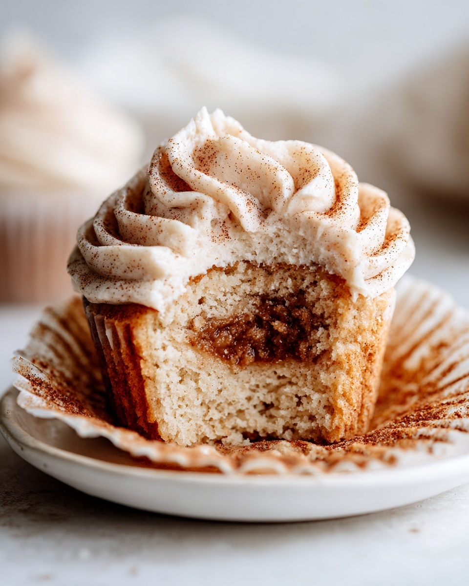 Close-up of a churro cupcake cut in half showing cinnamon filling and cream cheese frosting.