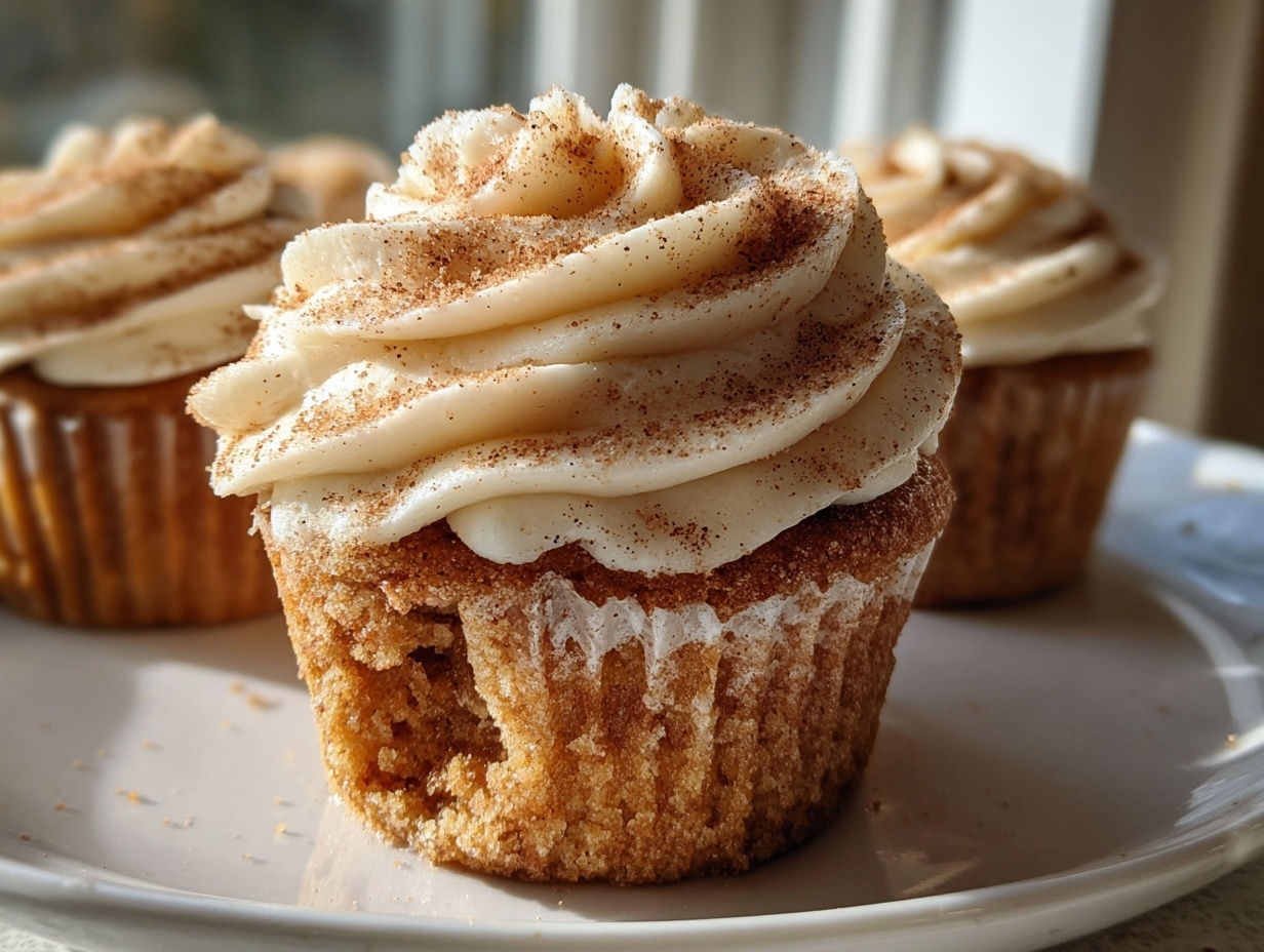 A close-up of a perfectly frosted churro cupcake dusted with cinnamon sugar, with other churro cupcakes blurred in the background.