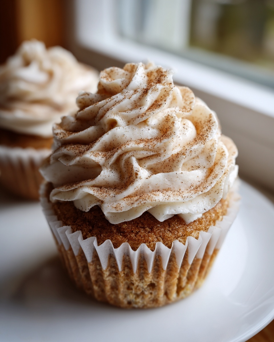 A close-up of a perfectly frosted churro cupcake, dusted heavily with cinnamon.