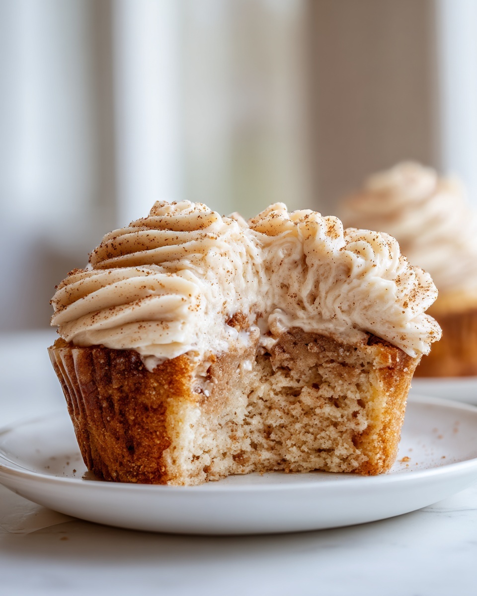 Close-up of a churro cupcake cut in half showing the cake texture and cinnamon frosting.