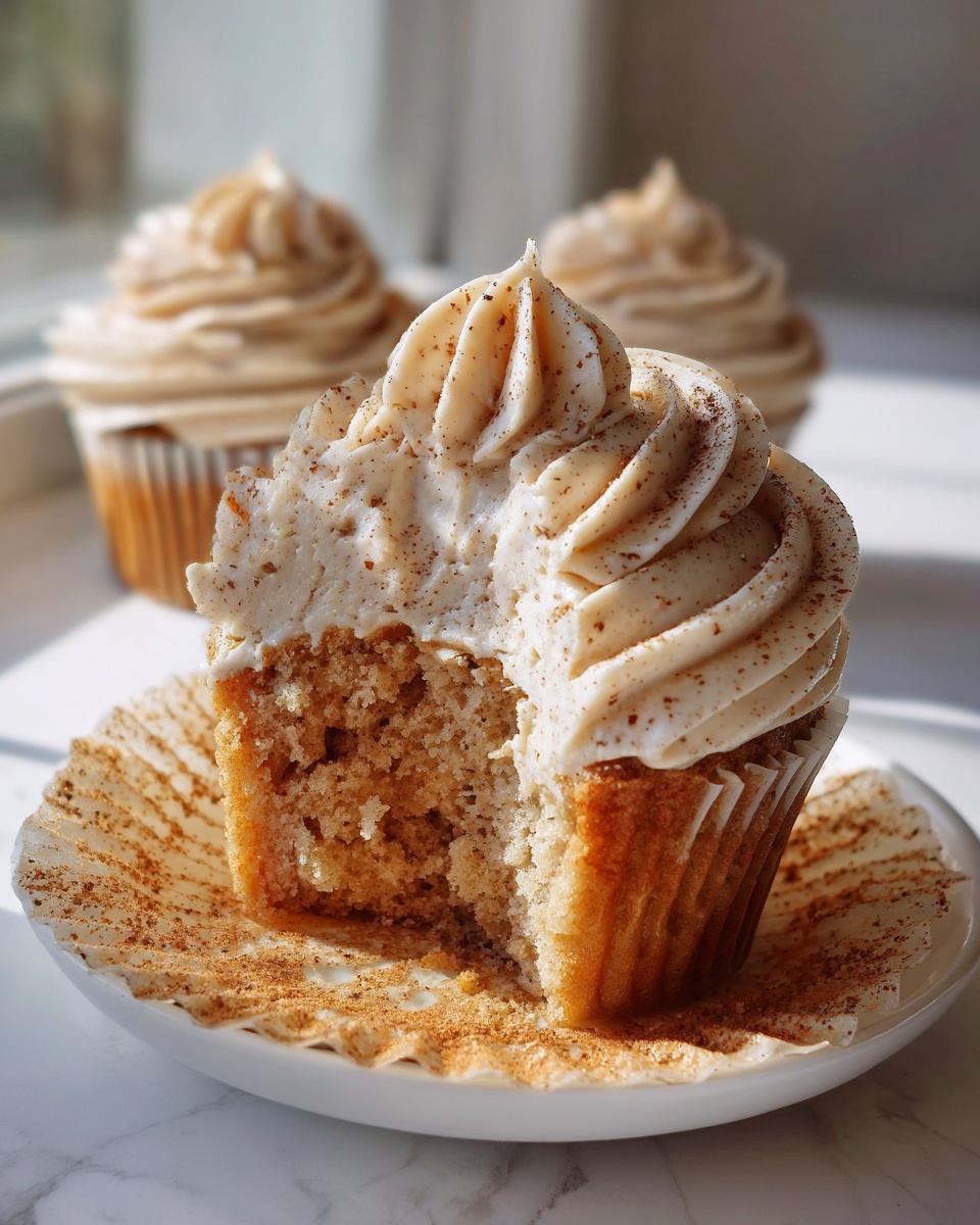 Close-up of a churro cupcake cut in half showing the moist cake and cinnamon frosting, sprinkled with cinnamon.
