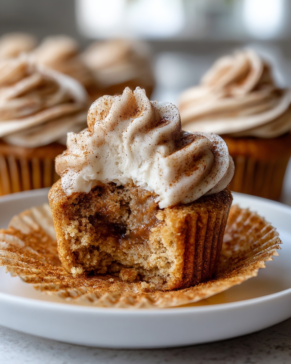 Close-up of a churro cupcake with a bite taken out, revealing a gooey filling and cinnamon-dusted frosting.