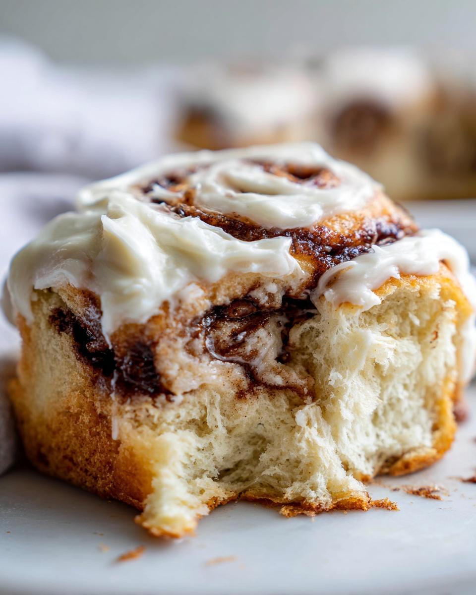 Close-up of a soft, fluffy cinnamon rolls homemade with a bite taken out, topped generously with cream cheese frosting.