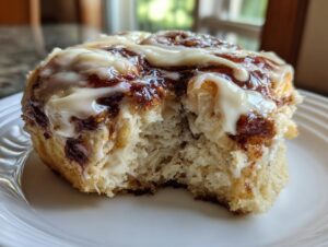 A close-up photo showing a bite taken out of a soft, fluffy cinnamon rolls homemade, covered in thick white cream cheese icing.