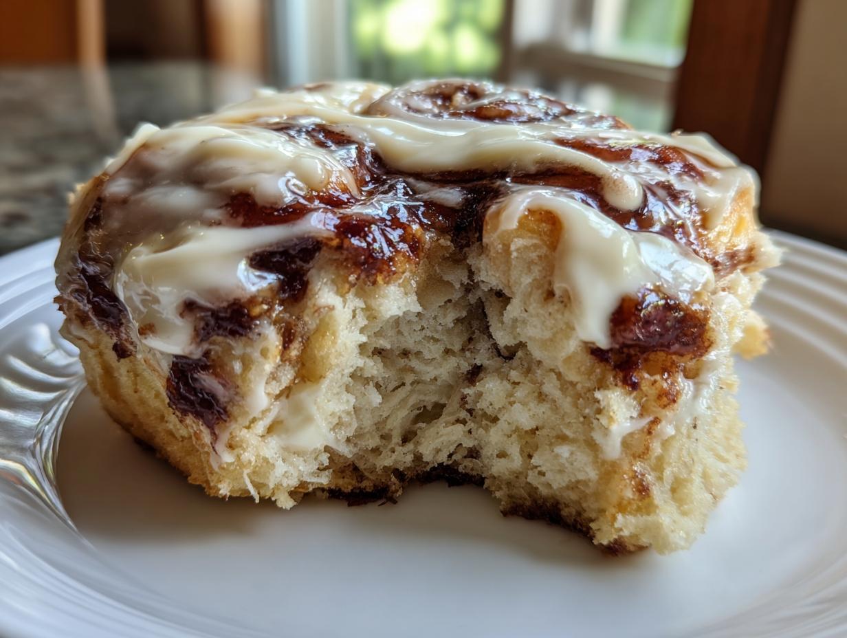 A close-up photo showing a bite taken out of a soft, fluffy cinnamon rolls homemade, covered in thick white cream cheese icing.