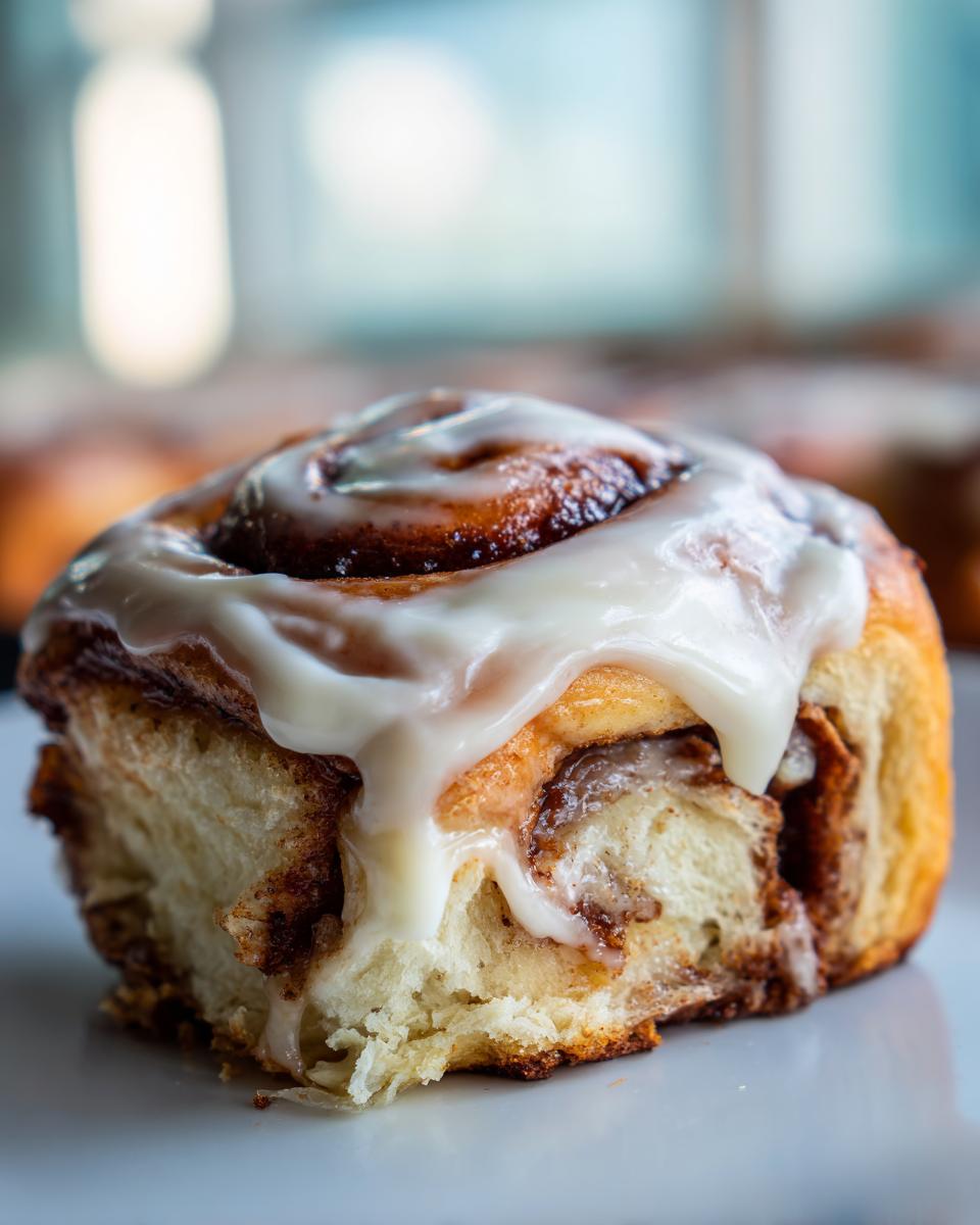 A close-up shot of a single, fluffy cinnamon rolls homemade, dripping with thick white icing.