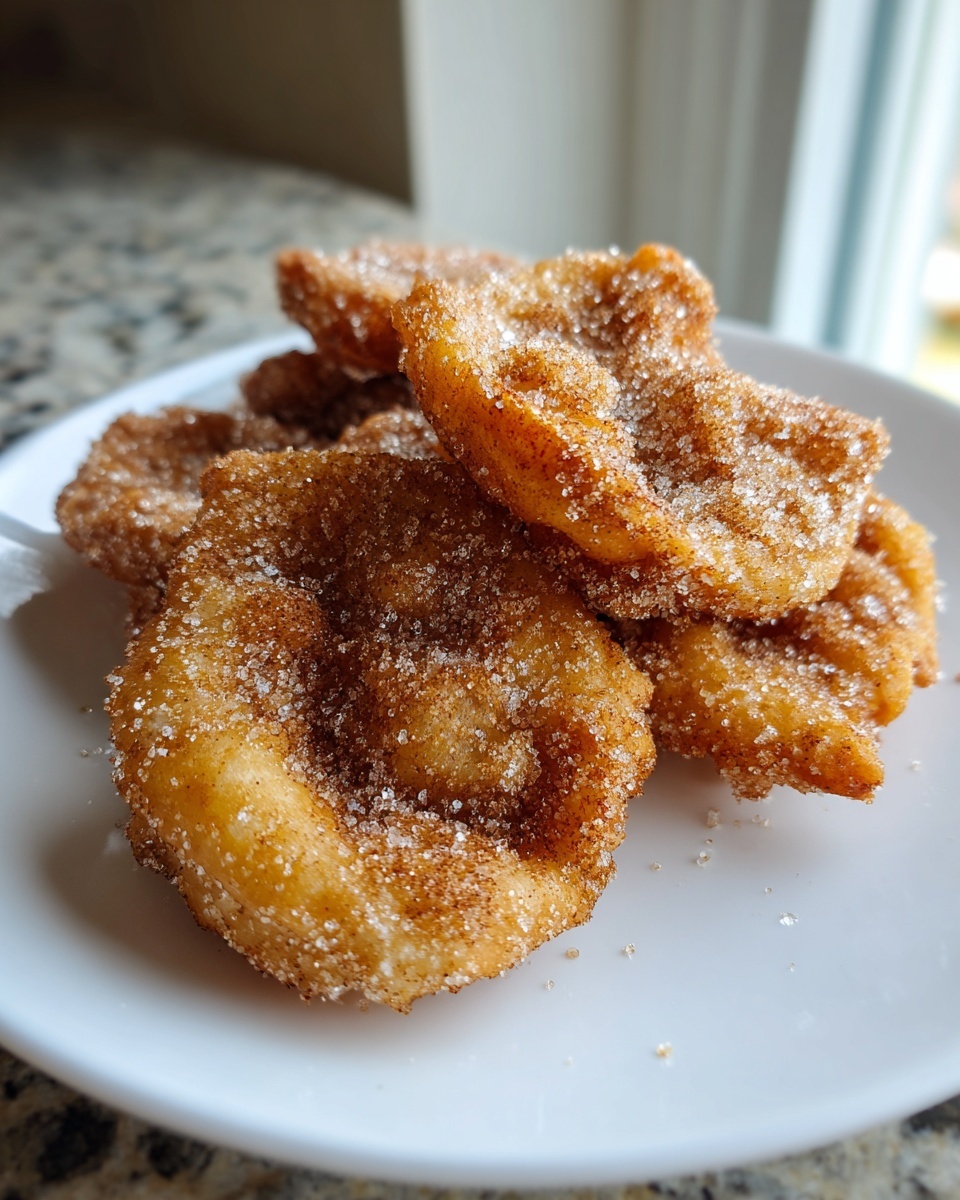 A close-up of freshly fried buñuelos generously coated in cinnamon sugar, stacked on a white plate.