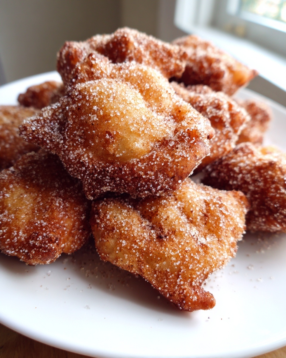 Close-up of freshly fried buñuelos piled high on a white plate, generously coated in cinnamon sugar.