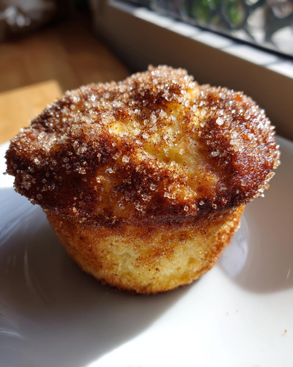 A single, golden-brown cinnamon sugar french toast muffin heavily coated in sparkling sugar crystals.