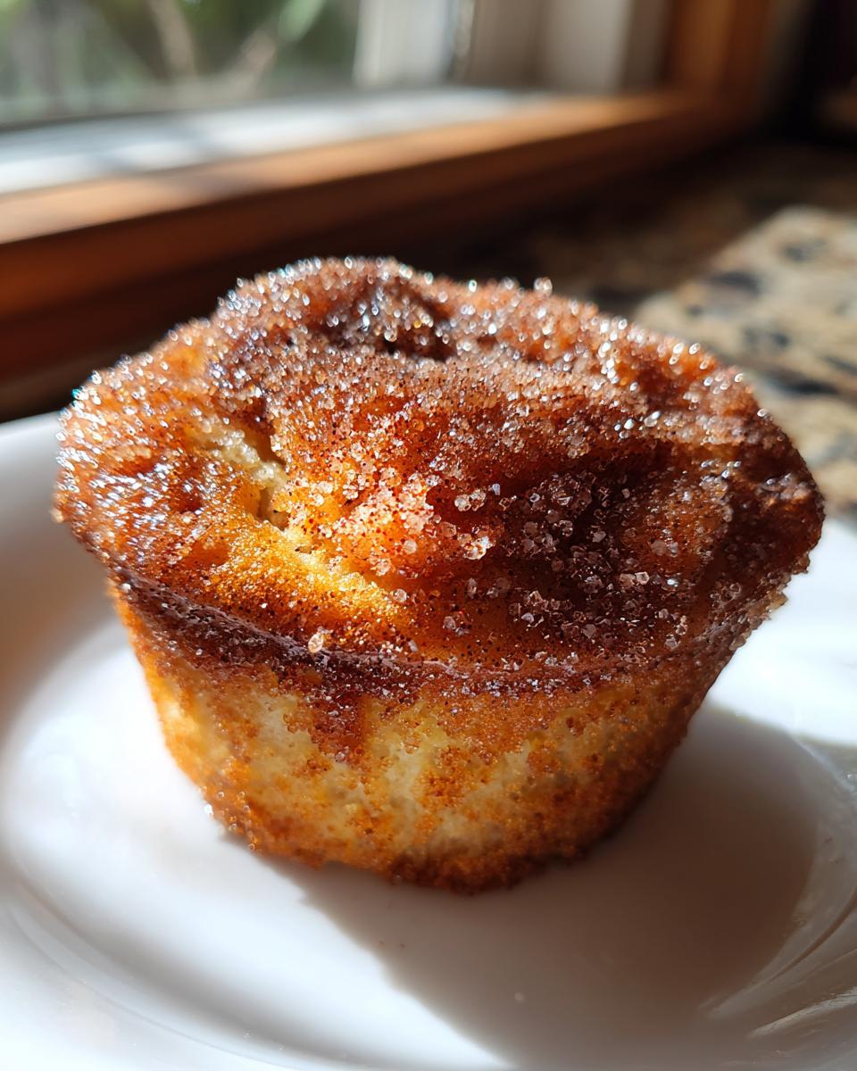 A single, golden-brown cinnamon sugar french toast muffin topped with sparkling sugar crystals, sitting on a white plate.