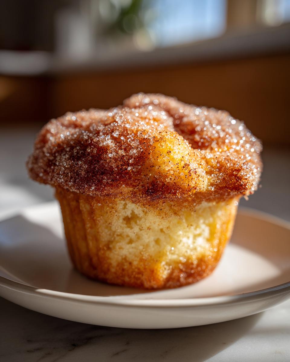 A single, golden cinnamon sugar french toast muffin sitting on a small white plate, glistening with sugar crystals.