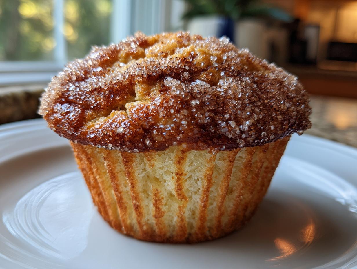 A single cinnamon sugar french toast muffin with a thick, sparkling sugar topping, resting on a white plate.