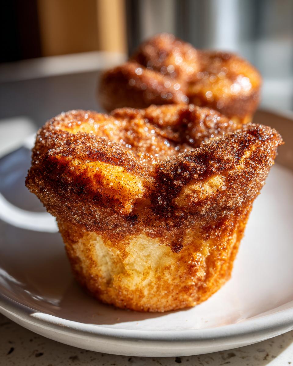 A close-up of a freshly baked cinnamon sugar french toast muffin, heavily coated in sparkling cinnamon sugar.