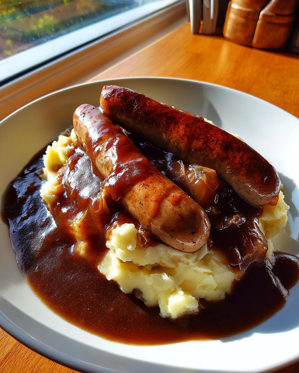 Two browned sausages served over creamy mashed potatoes covered in rich brown gravy, classic bangers and mash.