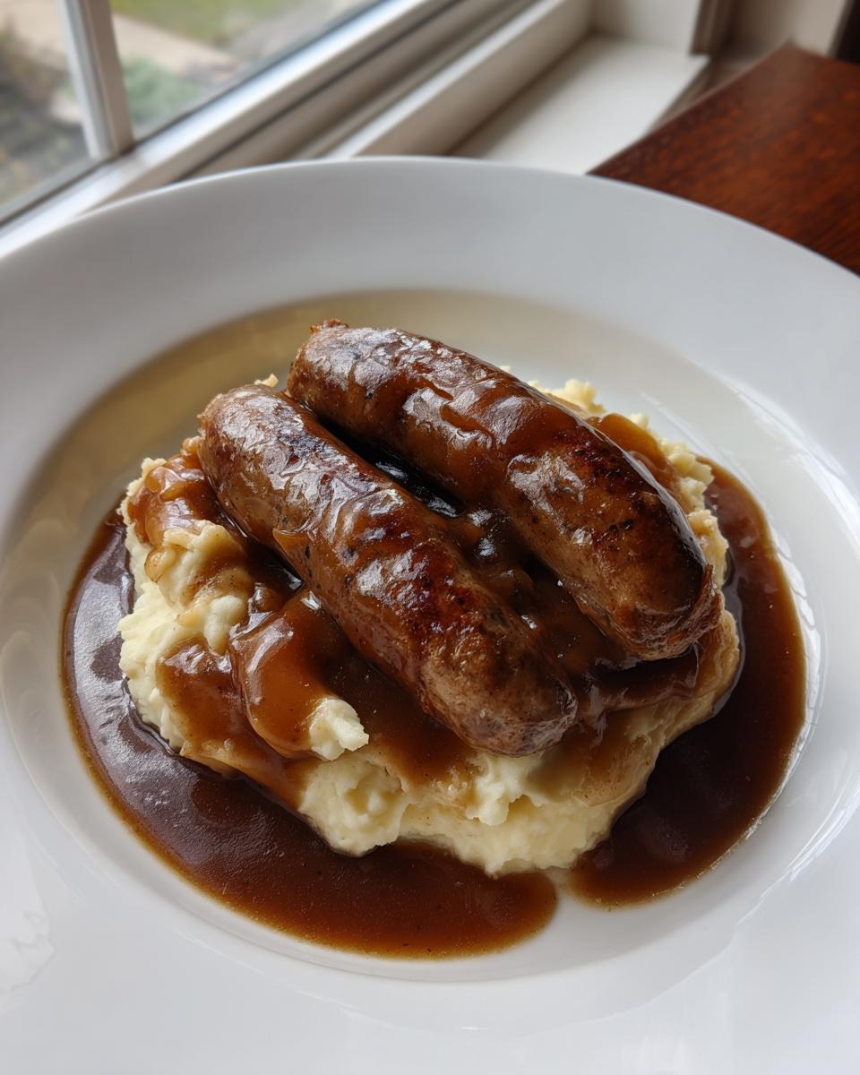 Two browned sausages served over creamy mashed potatoes and smothered in rich brown gravy, classic bangers and mash.