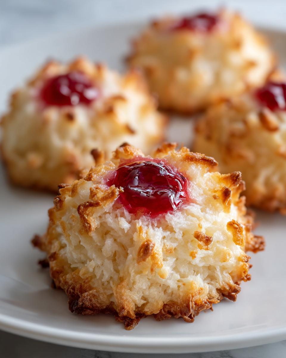 Close-up of golden-brown coconut macaroon blossoms topped with a dollop of bright red jam or cherry filling.