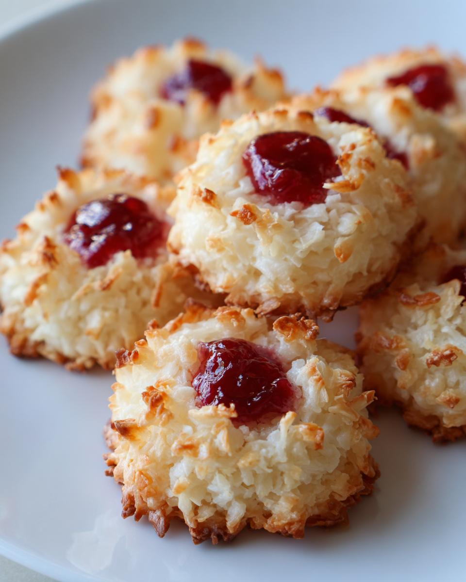 A close-up of several golden-brown coconut macaroon blossoms topped with a dollop of bright red jam.