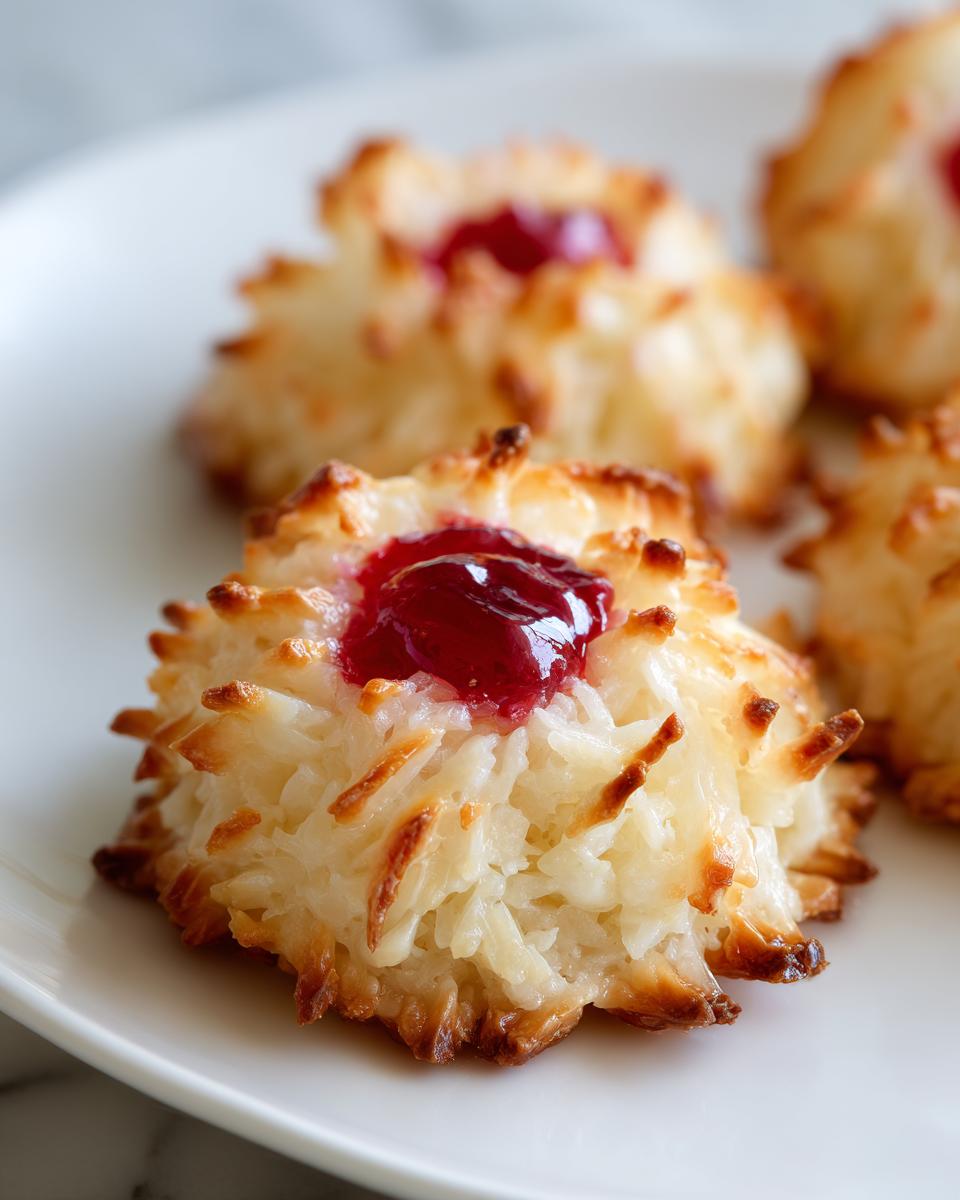 Close-up of golden-brown coconut macaroon blossoms topped with a dollop of bright red jam.